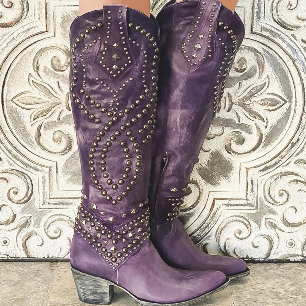 Claudia - Bota alta western de piel con tachuelas