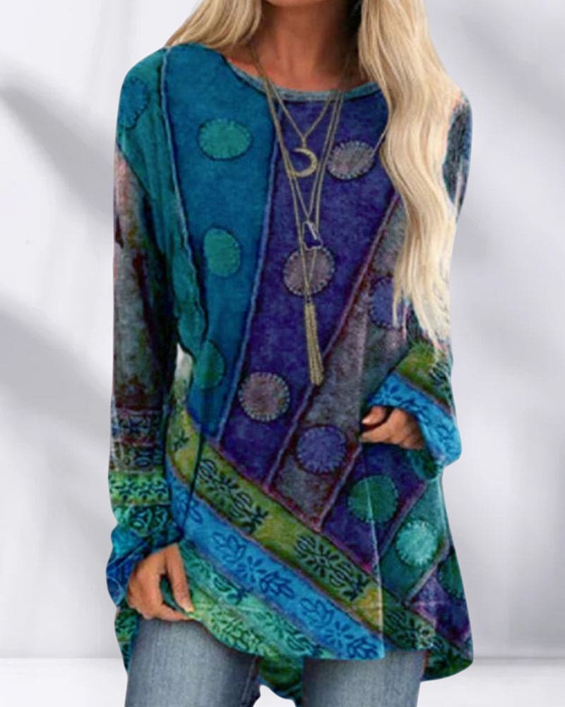 Elena – Blusa boho estampada de manga larga