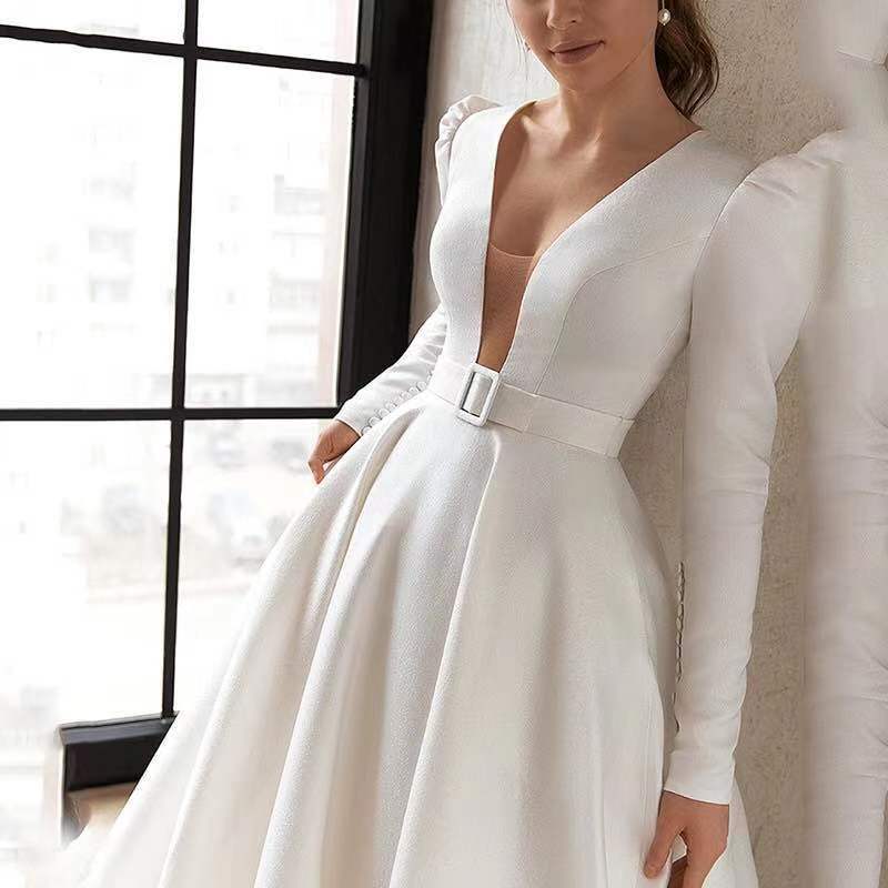 Shailise | Vestido blanco de satén fino y elegante estilo francés