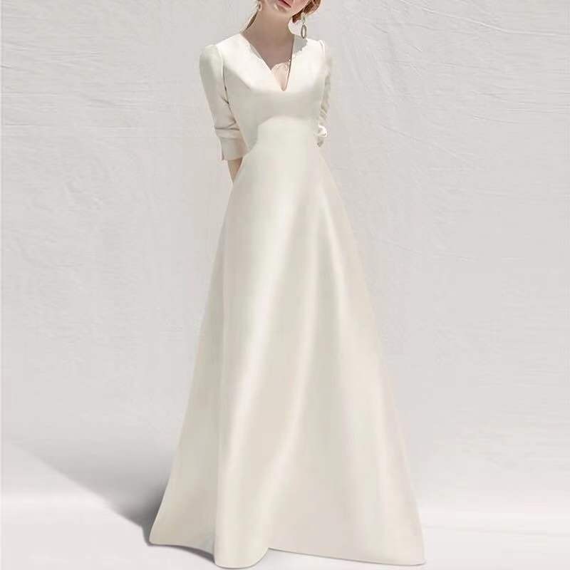 Shailise | Vestido blanco de satén fino y elegante estilo francés