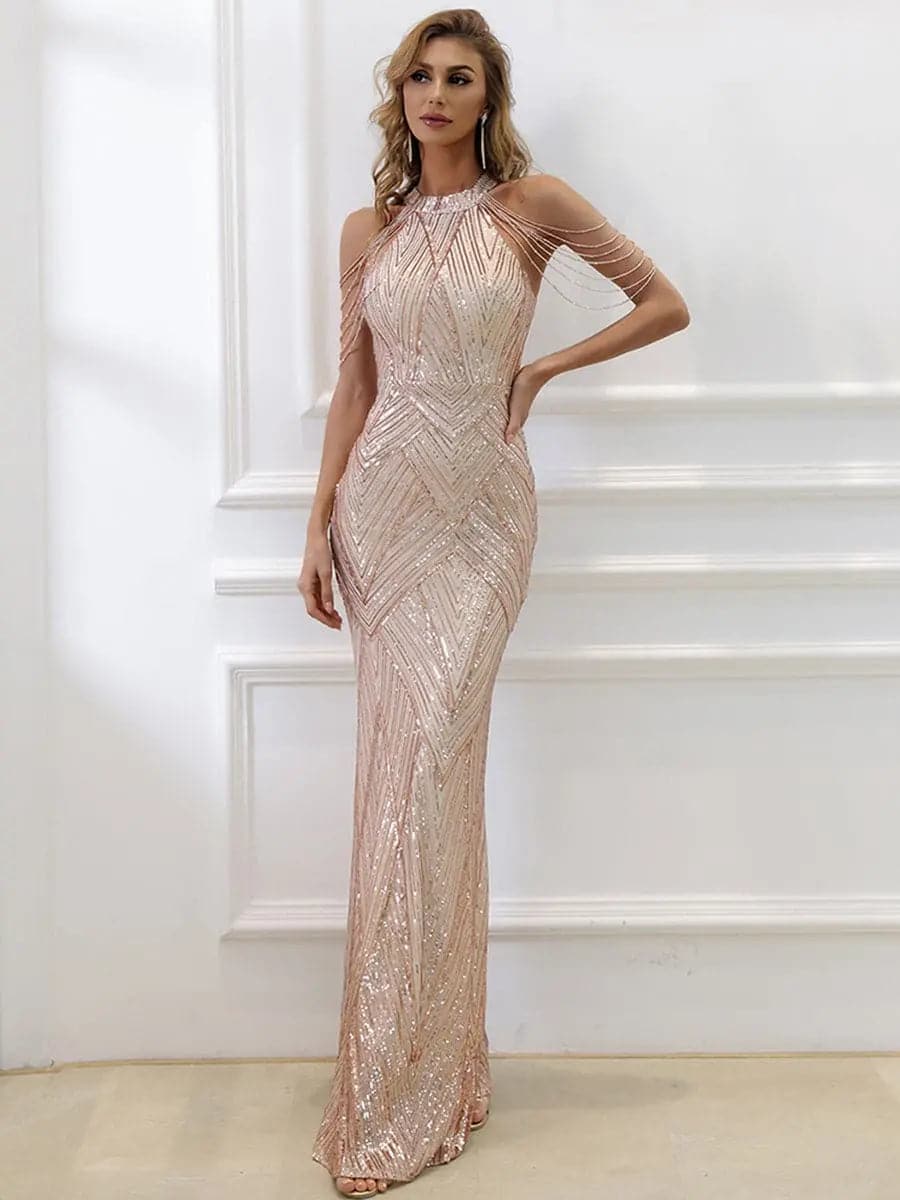 Catalina – Vestido Largo de Fiesta con Detalles de Cadenas