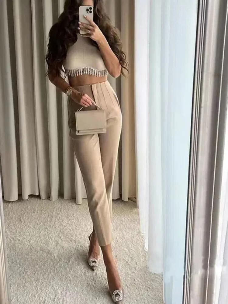 Celisandra | Elegante pantalón de color sólido con bolsillos