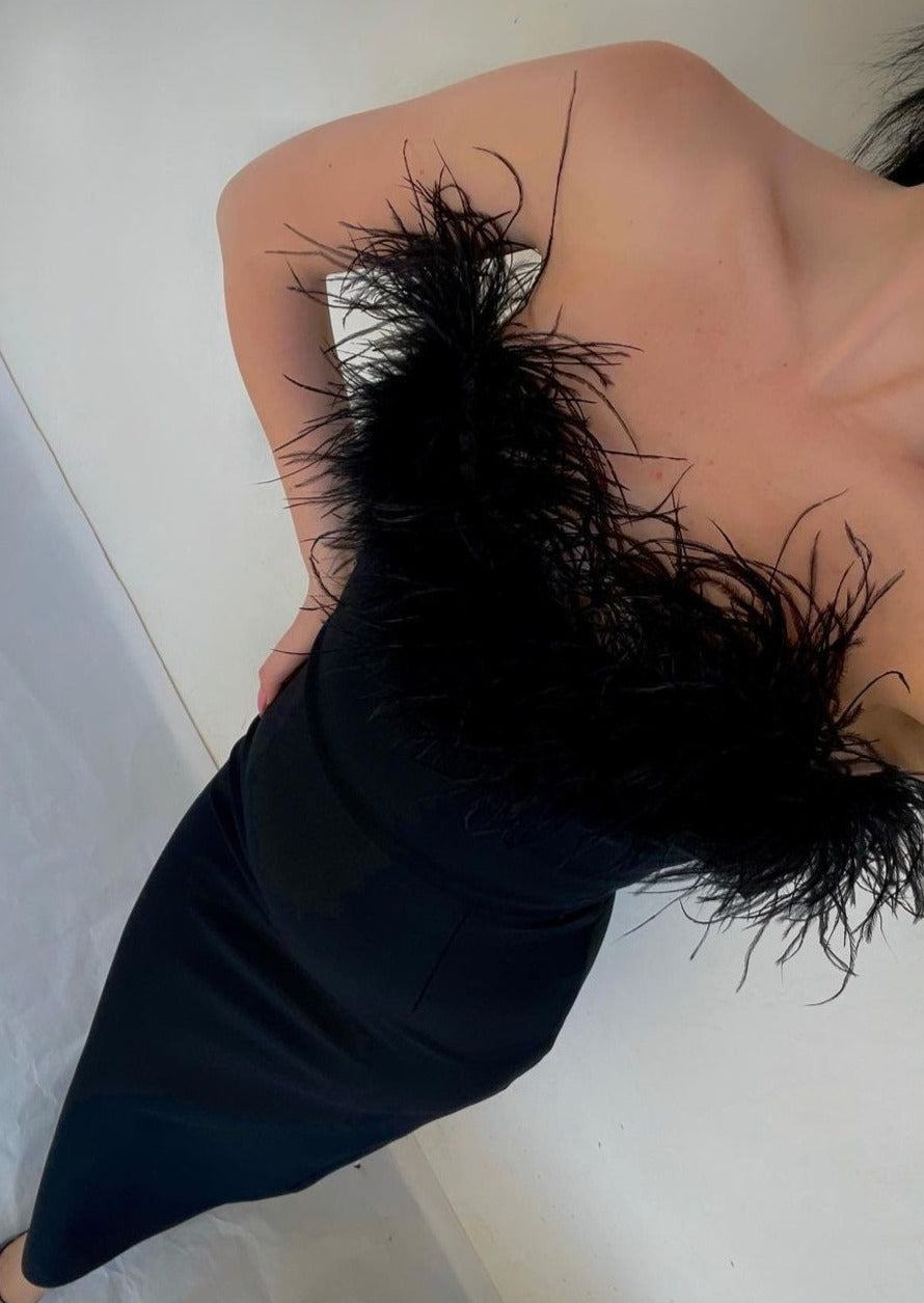 Camila – Vestido Largo de Noche con Plumas en el Escote