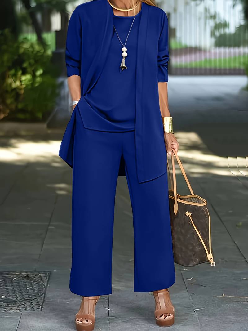 Valentina - Conjunto de mujer tres piezas con chaqueta larga y pantalón ancho