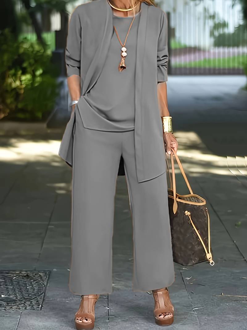 Valentina - Conjunto de mujer tres piezas con chaqueta larga y pantalón ancho