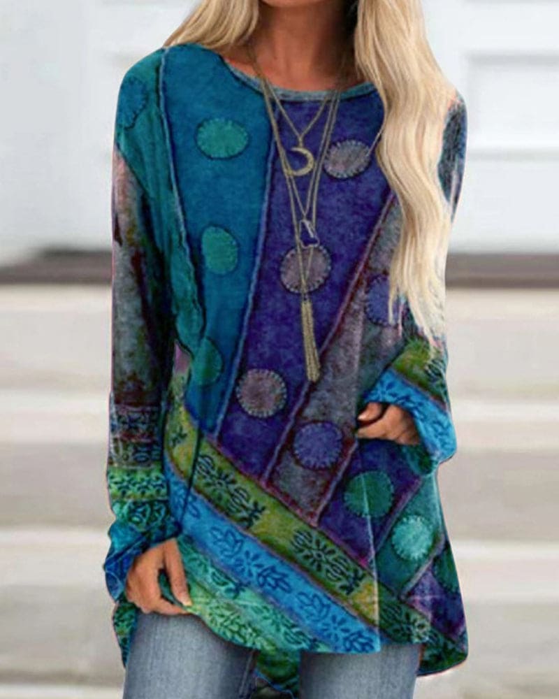 Elena – Blusa boho estampada de manga larga