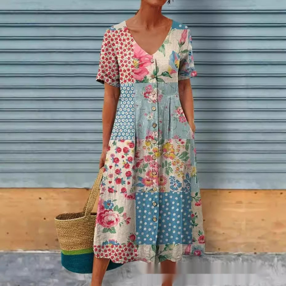 Luna - Vestido con botones florales patchwork
