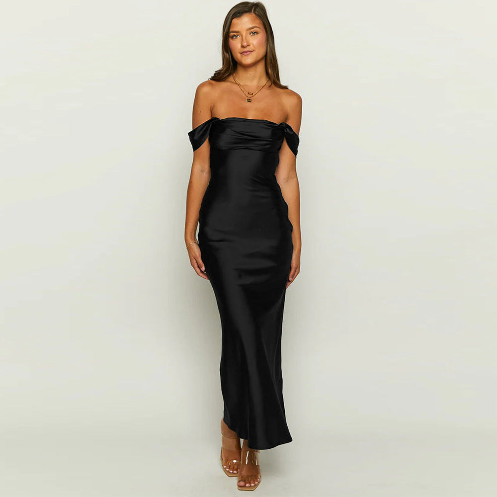 Lorena - Vestido largo satinado con hombros caídos