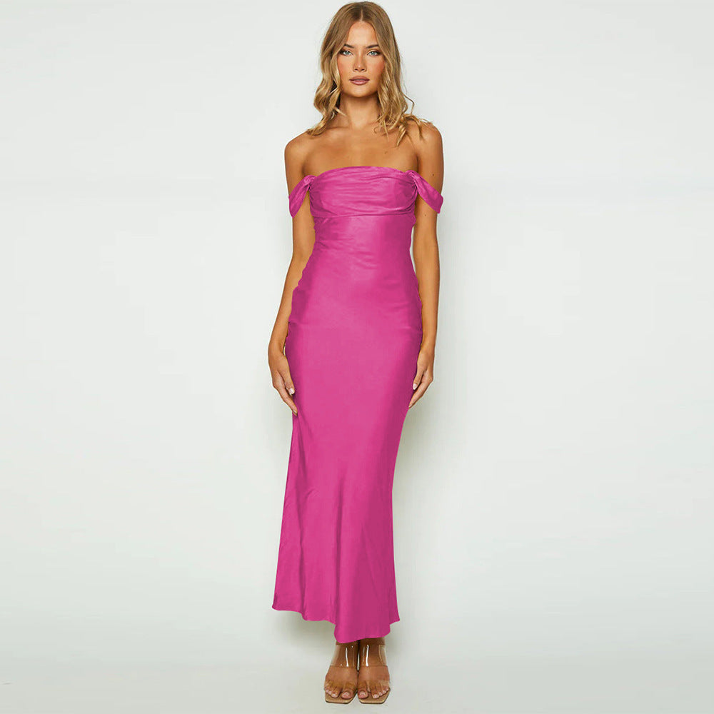 Lorena - Vestido largo satinado con hombros caídos