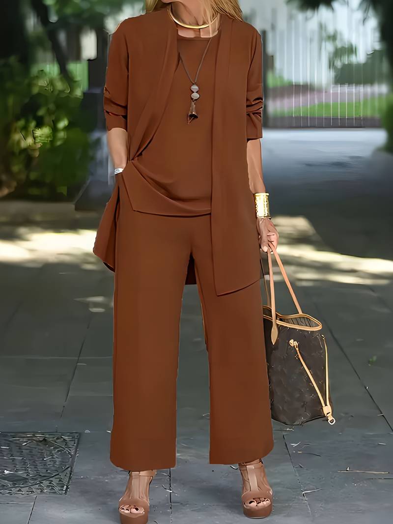 Valentina - Conjunto de mujer tres piezas con chaqueta larga y pantalón ancho