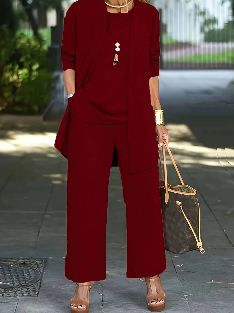 Valentina - Conjunto de mujer tres piezas con chaqueta larga y pantalón ancho