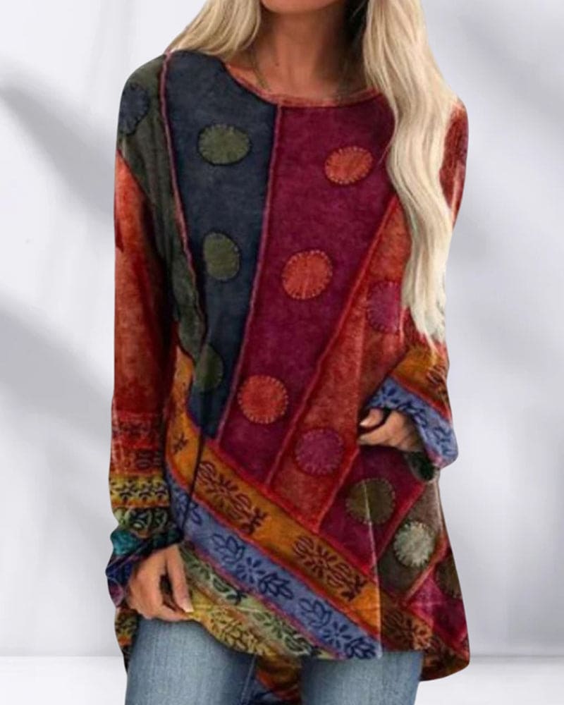 Elena – Blusa boho estampada de manga larga