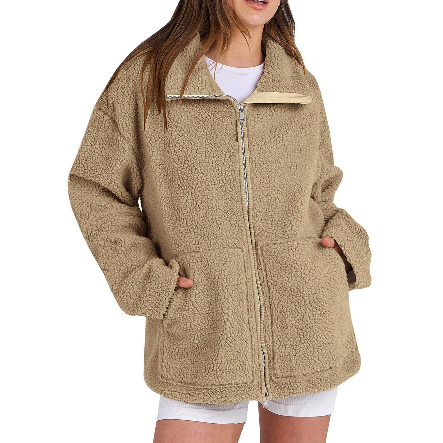 Nora – Chaqueta de mujer Lana de cordero Teddy con cremallera