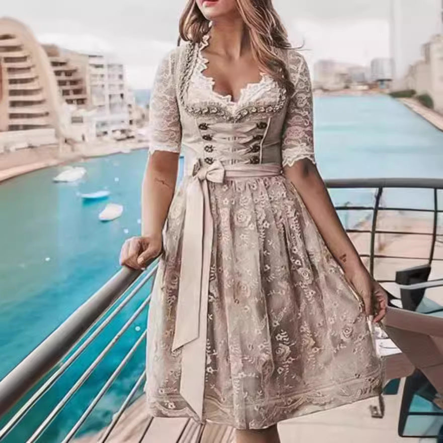 Glenda - Vestido dirndl beige bordado con encaje