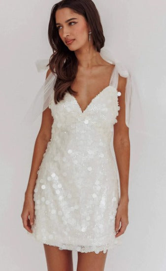 Julieta - Vestido corto mujer con lentejuelas y tirantes de lazo