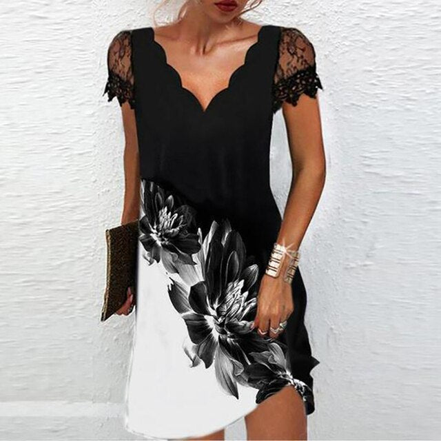 Carolina - vestido corto mujer con encaje y estampado floral