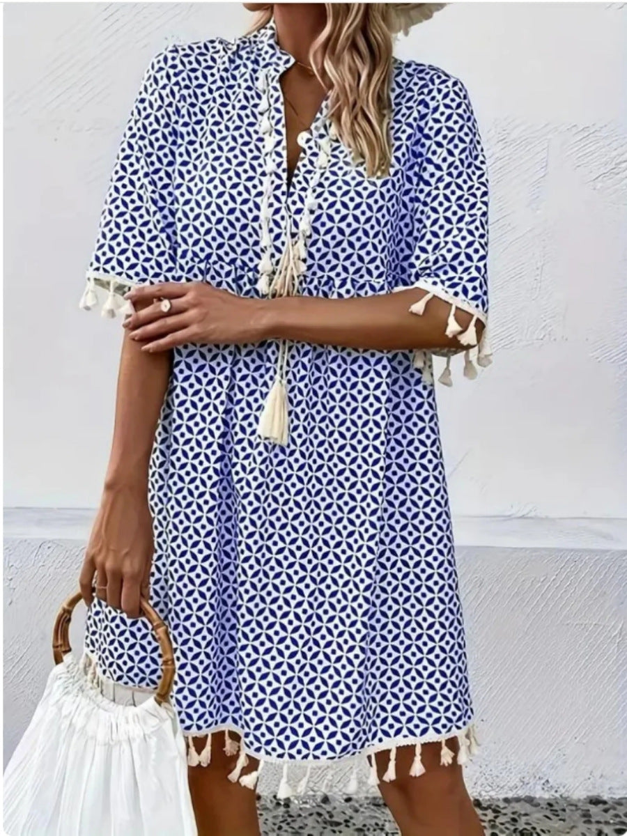 Lalaine - Vestido corto boho con estampado geométrico