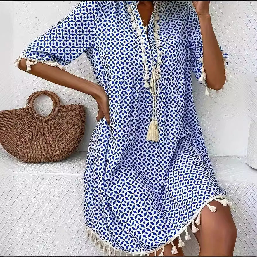 Lalaine - Vestido corto boho con estampado geométrico