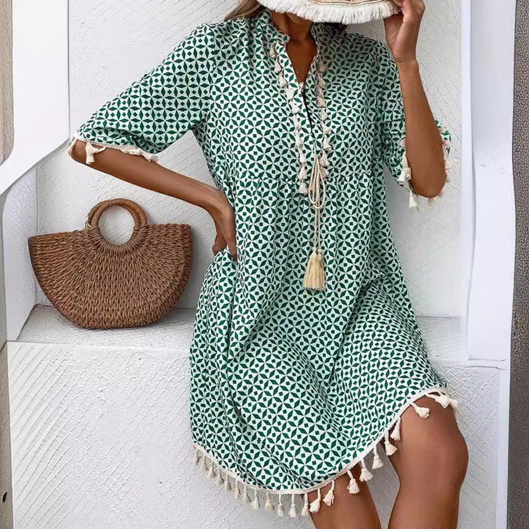 Lalaine - Vestido corto boho con estampado geométrico