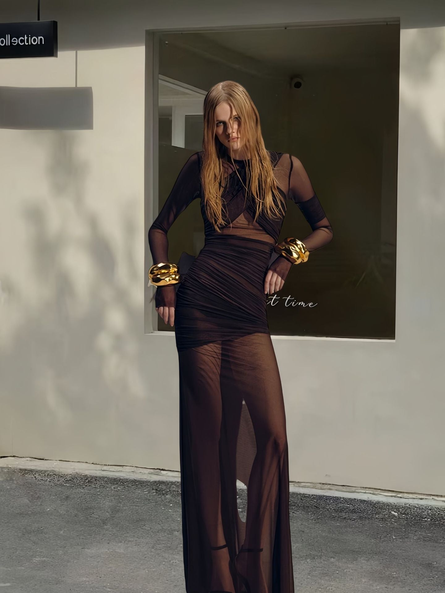 Giselle - Vestido largo transparente con drapeado