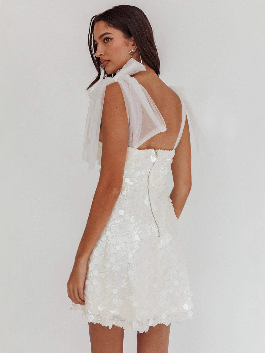 Julieta - Vestido corto mujer con lentejuelas y tirantes de lazo