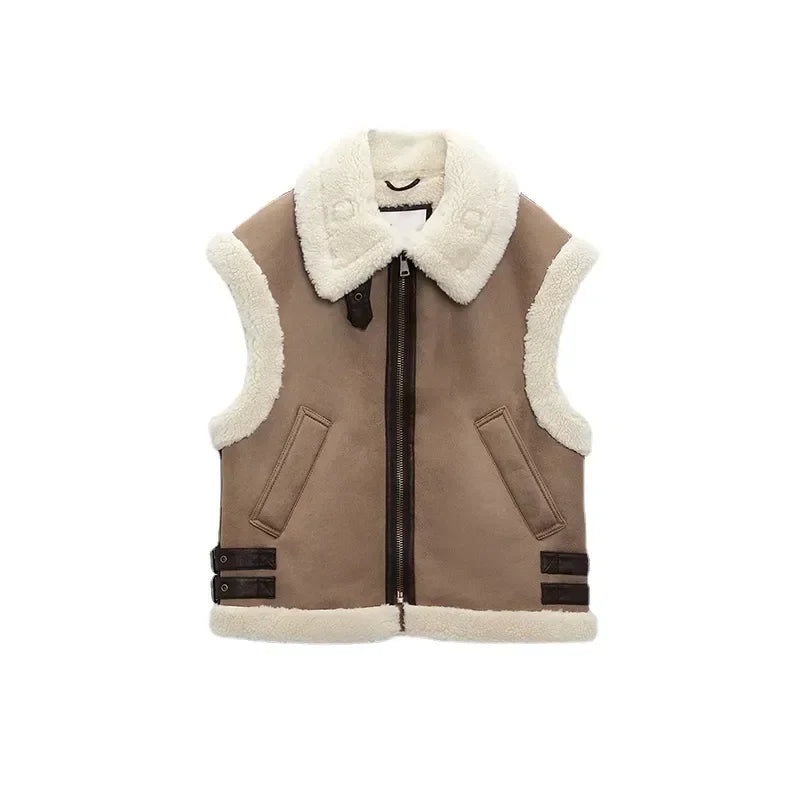 Valeria | Chaleco de ante sintético para mujer con cuello con solapas