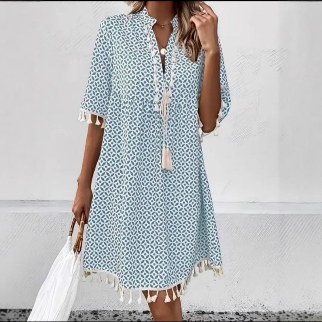 Lalaine - Vestido corto boho con estampado geométrico