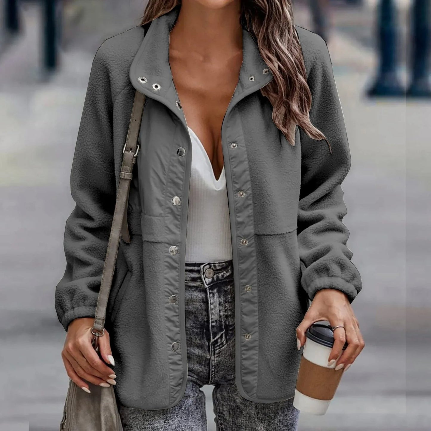 Clara – Chaqueta Polar Casual con Botones a Presión