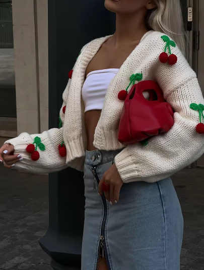 Bianyrah | Cárdigan casual con cerezas 3D
