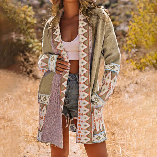 Camila – Cárdigan Largo Étnico con Estampado Boho