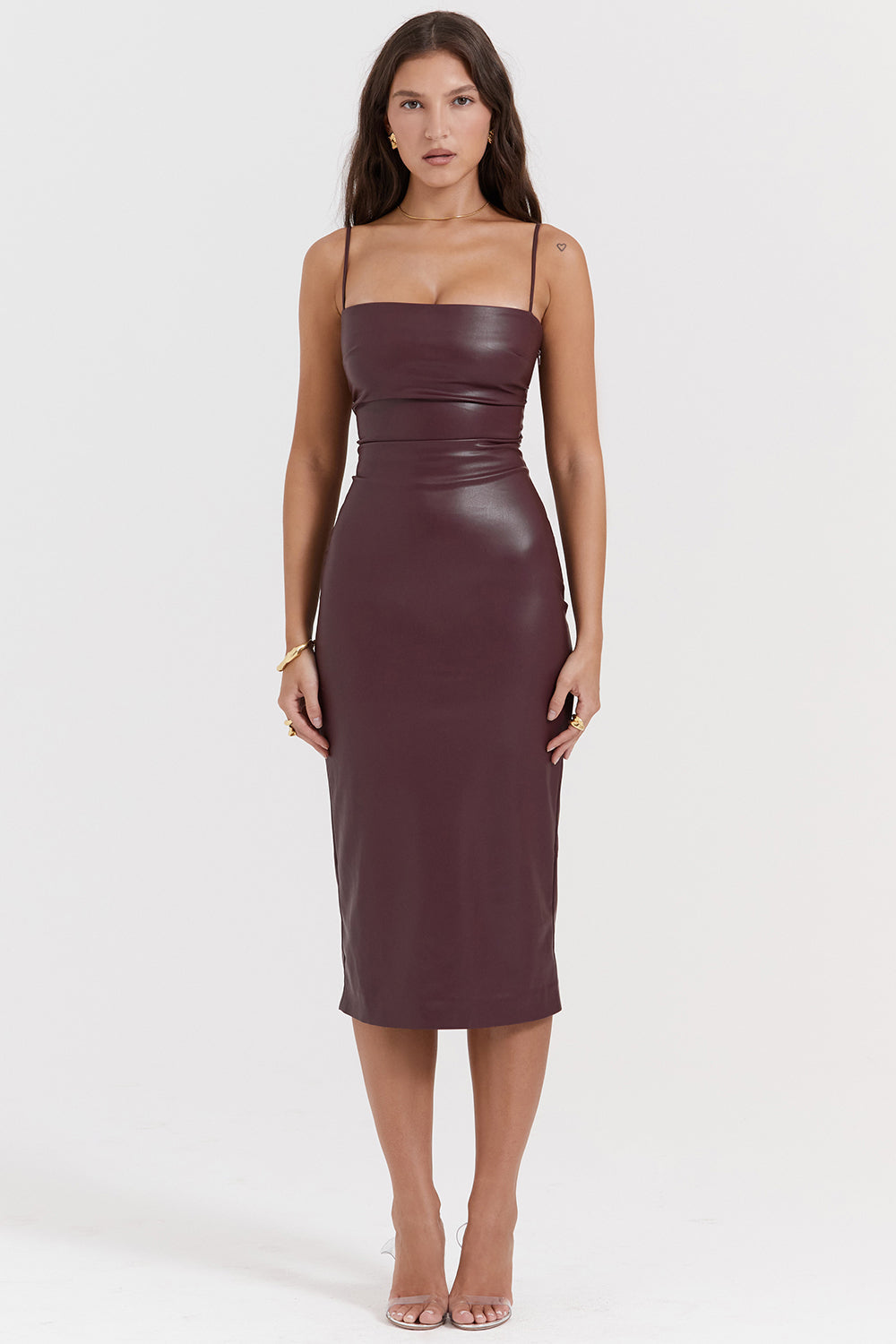 Jalena - Vestido midi de cuero sintético con tirantes