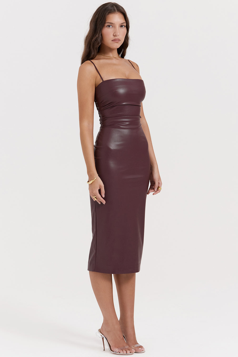 Jalena - Vestido midi de cuero sintético con tirantes