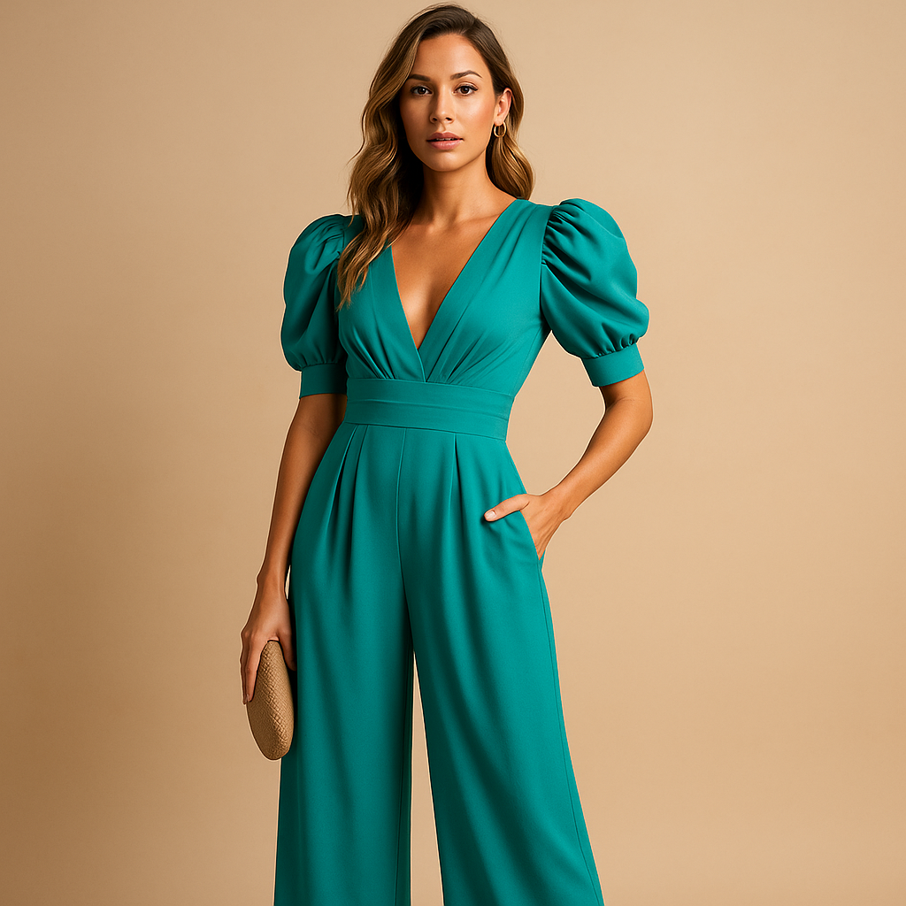 Isabella - Mono largo para mujer con mangas abullonadas y escote en V