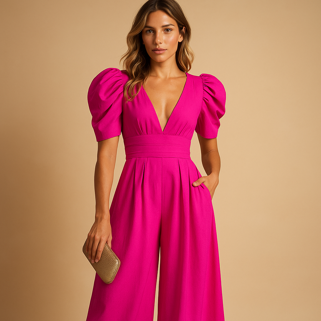 Isabella - Mono largo para mujer con mangas abullonadas y escote en V