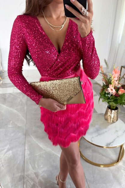 Renata - Vestido corto mujer con lentejuelas y falda de flecos