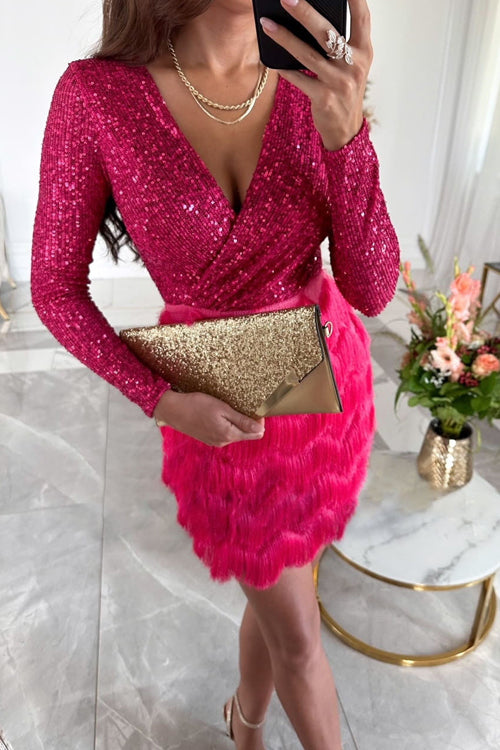 Renata - Vestido corto mujer con lentejuelas y falda de flecos