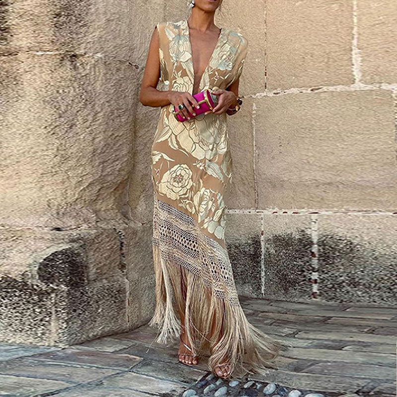 Renata - Maxivestido floral de fiesta con flecos en V profunda