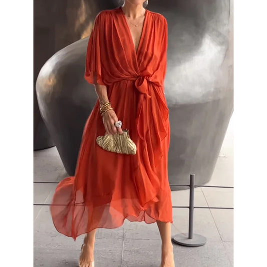 Sabrina - Vestido fluido con escote en V y cinturón