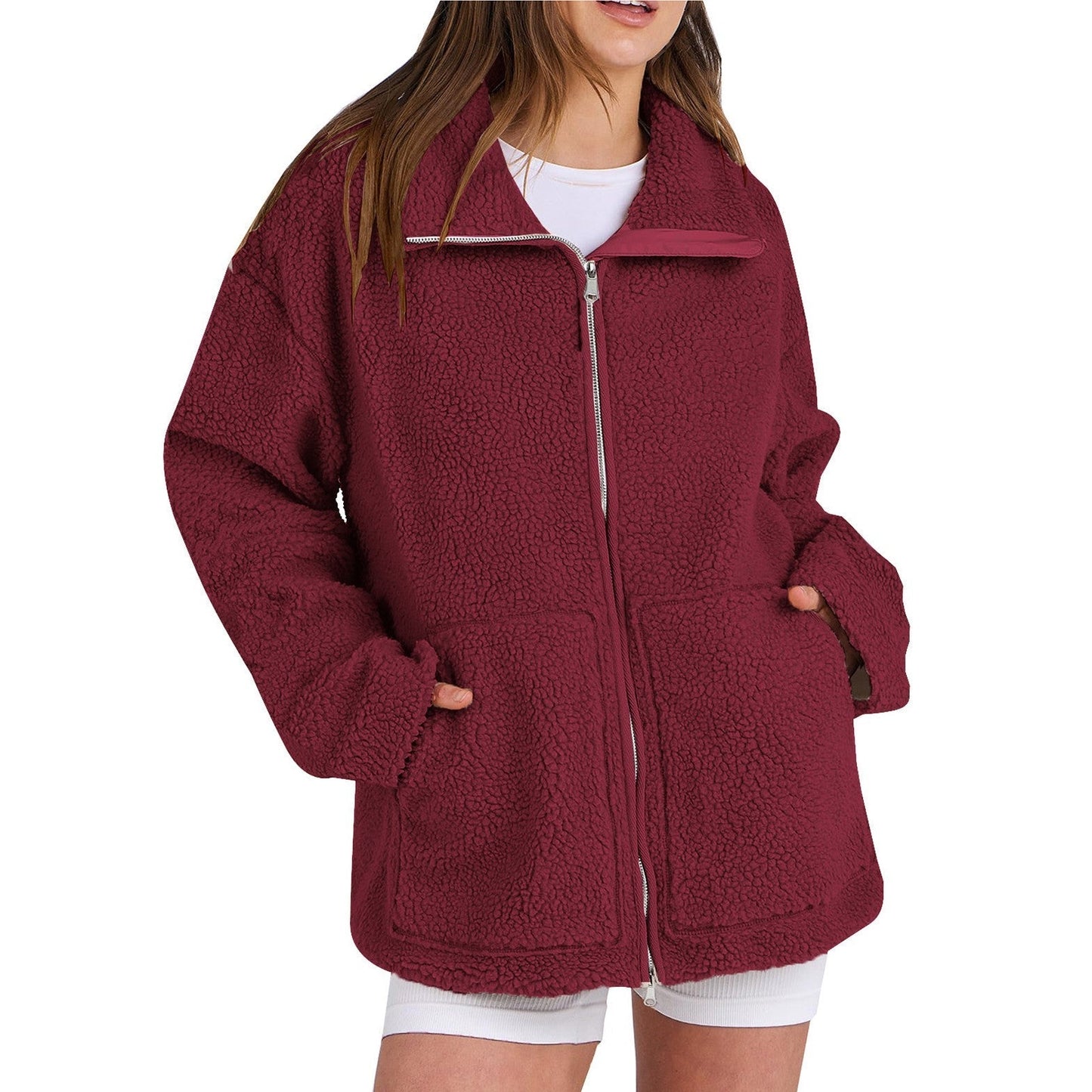 Nora – Chaqueta de mujer Lana de cordero Teddy con cremallera