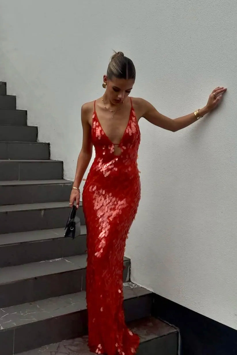 Isabella – Vestido largo de lentejuelas con escote profundo