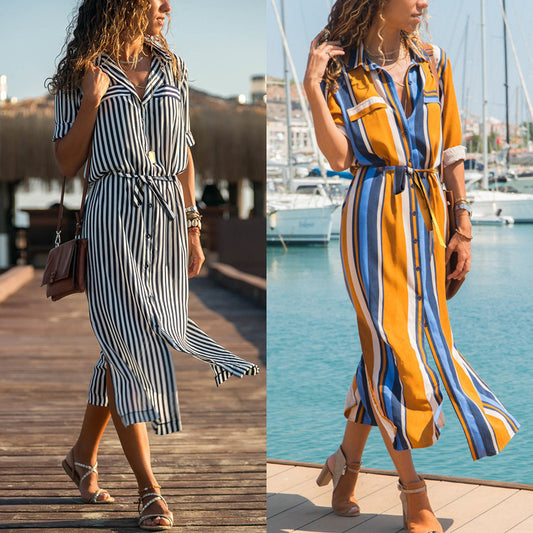 Ariána | Vestido maxi de verano de gasa con escote en V y estampado de rayas sexy