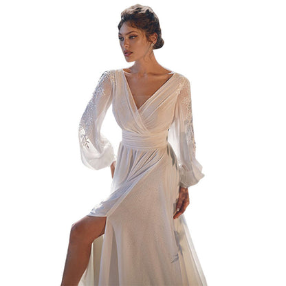 Marcia | Vestido largo de mujer con cintura media, estilo elegante y tejido de gasa para banquetes