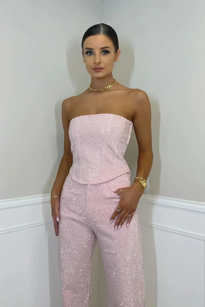 Adriana - Mono Mujer Elegante Palazo Sin Tirantes con Brillos