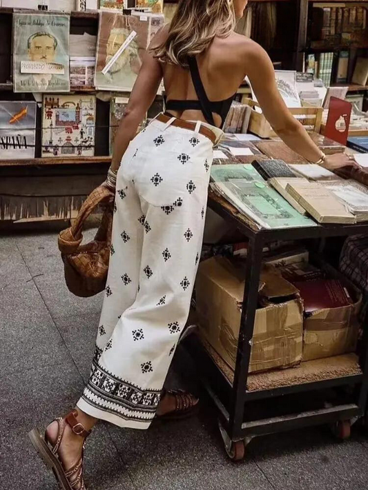 Brisiana | Pantalones rectos de lino con bordado moderno