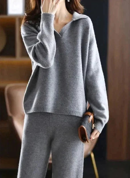 Adriana - Conjunto de punto para mujer con jersey de cuello polo y pantalón largo
