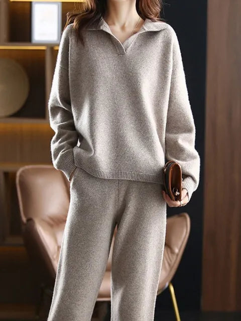 Adriana - Conjunto de punto para mujer con jersey de cuello polo y pantalón largo