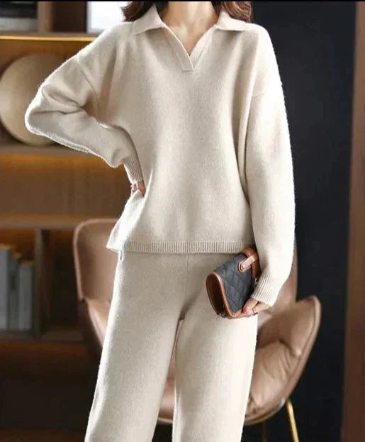 Adriana - Conjunto de punto para mujer con jersey de cuello polo y pantalón largo