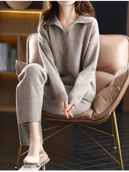 Adriana - Conjunto de punto para mujer con jersey de cuello polo y pantalón largo