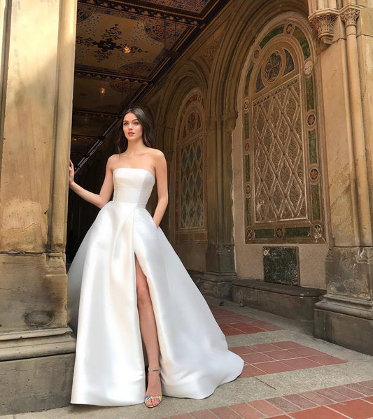 Theaelyn | Vestido blanco de tubo con cintura alta y abertura elegante para mujer