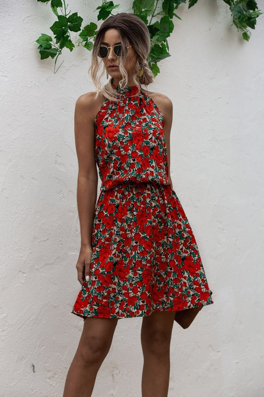 Nuria | Vestido de mujer con estampado floral y cuello halter